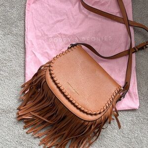 Poppy & Peonies Brown Leather Fringe Crossbody Bag